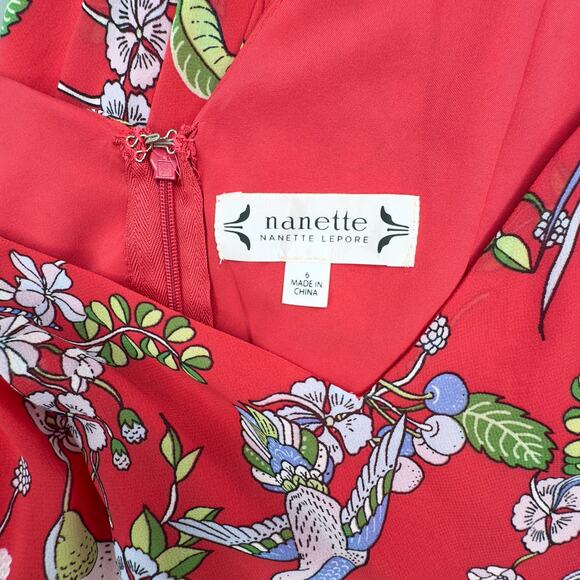 Nanette Lepore Sleeveless Maxi Dress Sz 6 Red Chiffon Floral Hummingbird Print - Picture 13 of 15